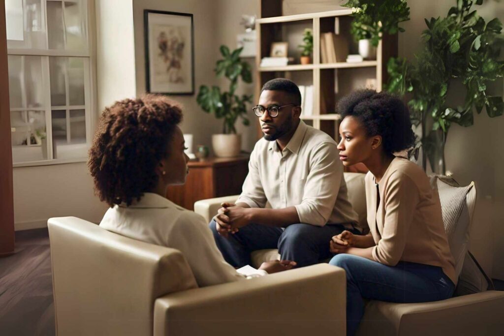 A couple receiving marriage counselling from a therapist.