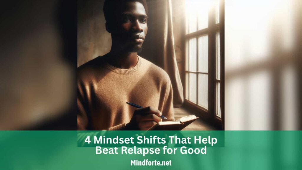 A man stands by the window, journal in hand—anchored in reflection, committed to recovery, surrounded by the warmth of a new mindset.