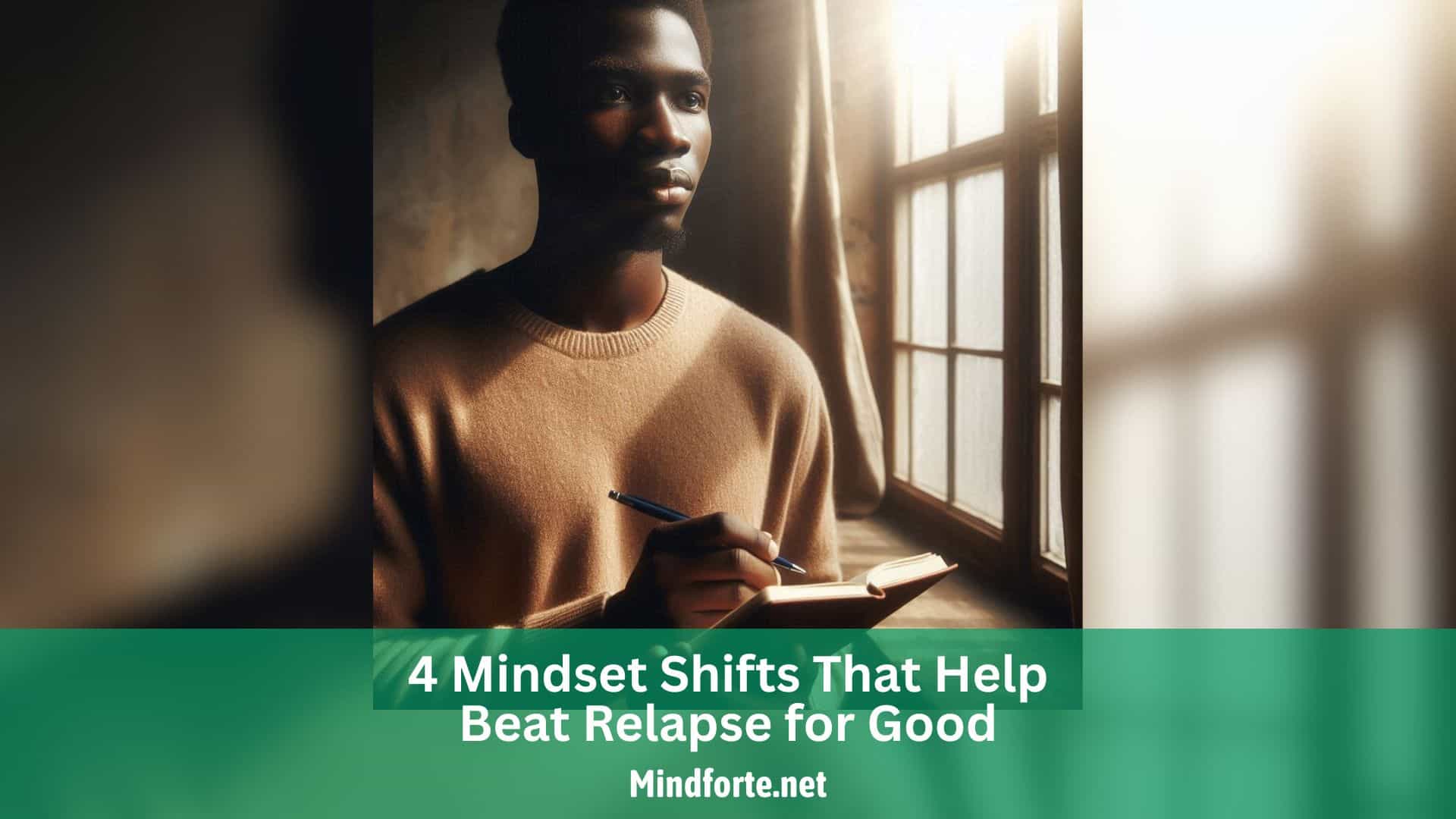 A man stands by the window, journal in hand—anchored in reflection, committed to recovery, surrounded by the warmth of a new mindset.