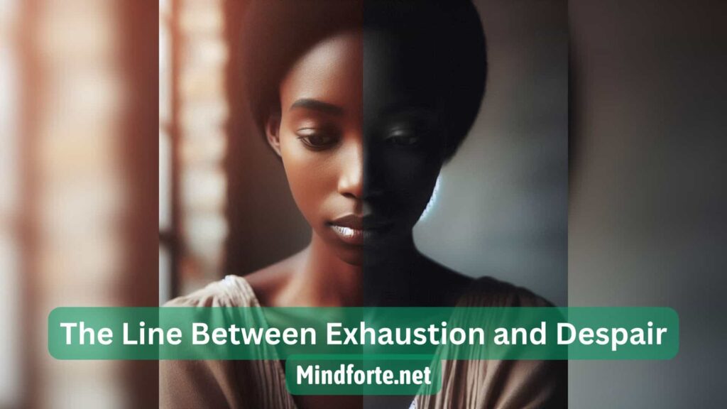 A thoughtful woman sits silently, split between burnout and depression—two different weights on the same soul. Understanding the difference is where true healing begins.