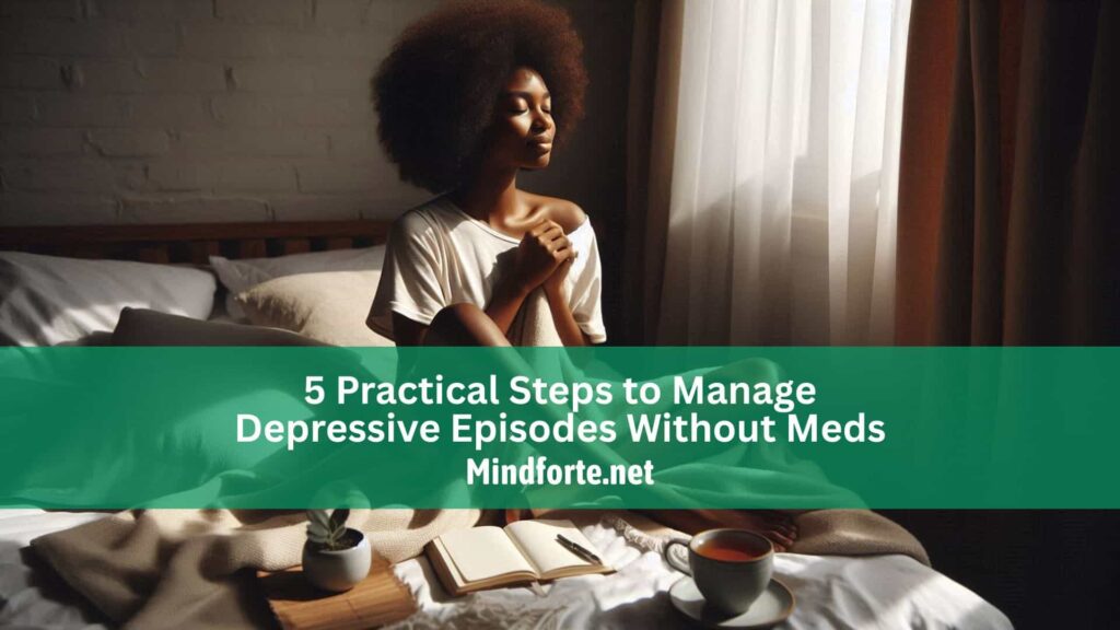 An African woman sits in quiet reflection, surrounded by simple comforts—a symbol of managing depression gently, without medication.
