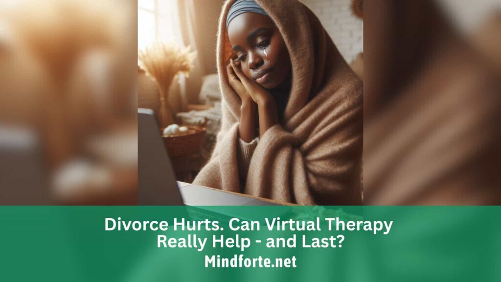 An African woman engages in a quiet virtual therapy session from home, tear-streaked yet comforted, highlighting the emotional journey of divorce healing through online support.