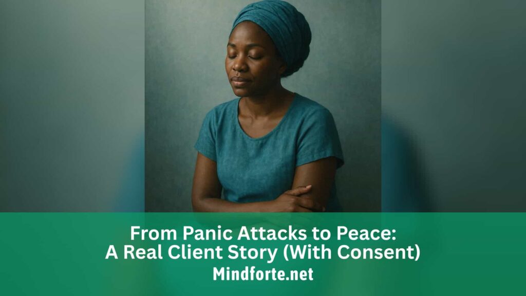 A peaceful Nigerian woman sits in soft light, symbolizing relief and peace after overcoming panic attacks through therapy.