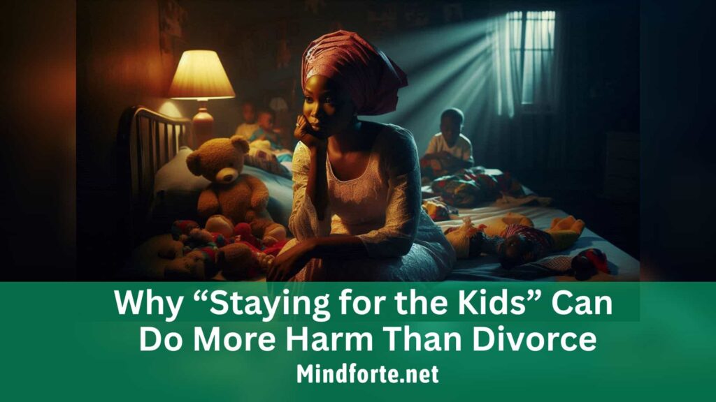 A Nigerian mother sitting in emotional conflict, symbolizing the hidden struggles of staying in a marriage “for the kids.”