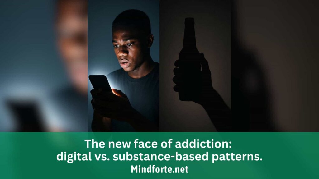 A symbolic split-image showing digital addiction through a glowing smartphone and substance addiction through a drink bottle, reflecting modern patterns of dependency.