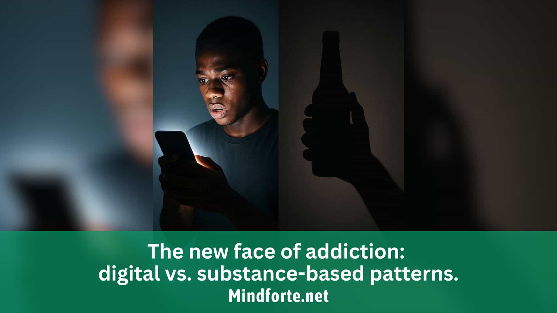 A symbolic split-image showing digital addiction through a glowing smartphone and substance addiction through a drink bottle, reflecting modern patterns of dependency.