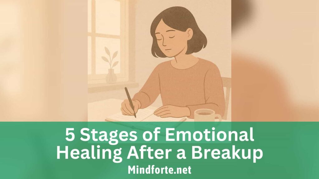 A calming minimalist illustration of someone journaling in soft natural light, representing emotional healing after a breakup.