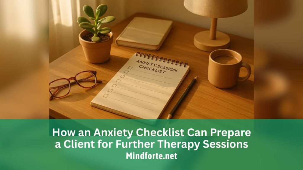 Minimal therapy office with checklist and calming light tones symbolizing anxiety relief and structured support.