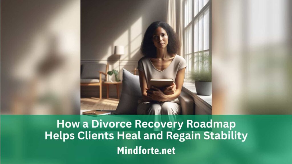 A woman sitting quietly with a notebook by a window, representing emotional healing and stability after divorce.