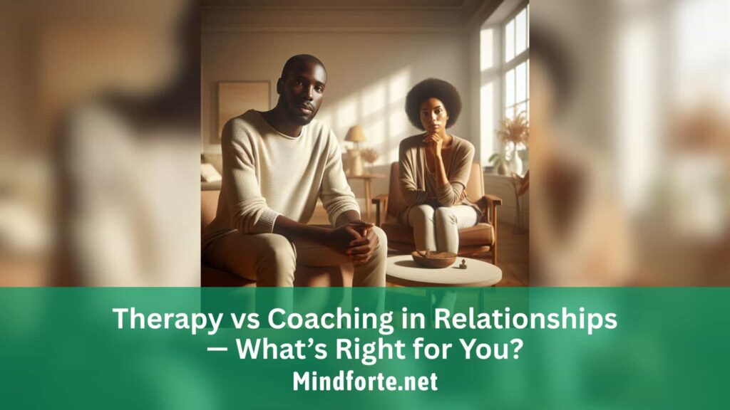 Thoughtful African couple sitting apart in a calm therapy office, reflecting on whether to choose therapy or coaching for relationship support.