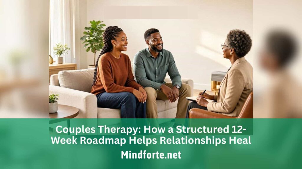 A Nigerian couple speaking with a clinical psychologist in a welcoming therapy office, representing a structured 12-week couples therapy journey toward healthier communication and stronger relationships.