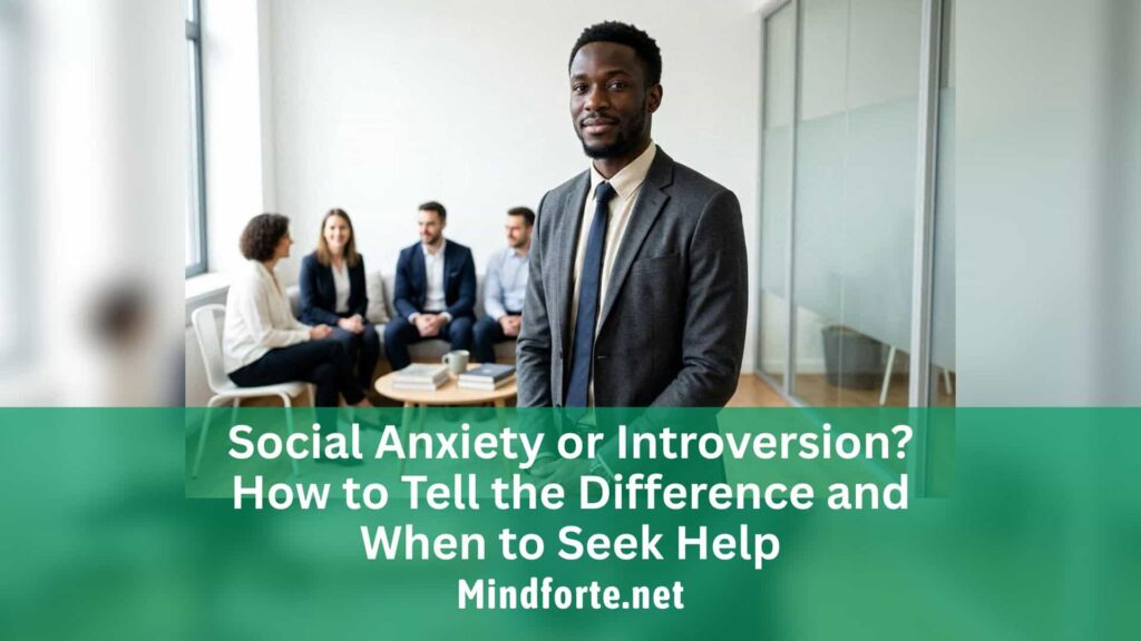A thoughtful Nigerian professional standing quietly near a social gathering, representing the difference between introversion and social anxiety.