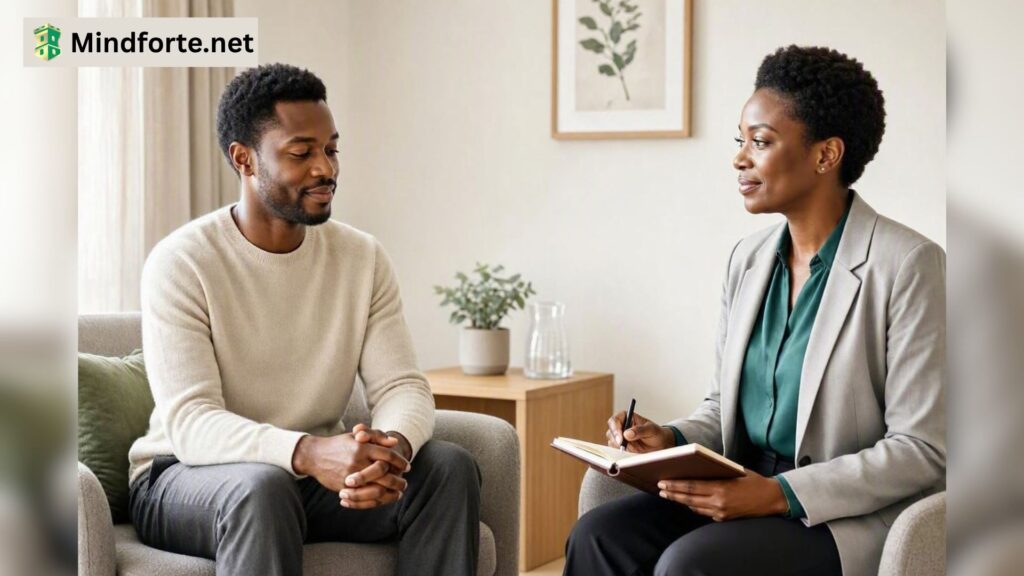 Adult discussing addiction treatment options with a clinical psychologist in a calm professional setting.