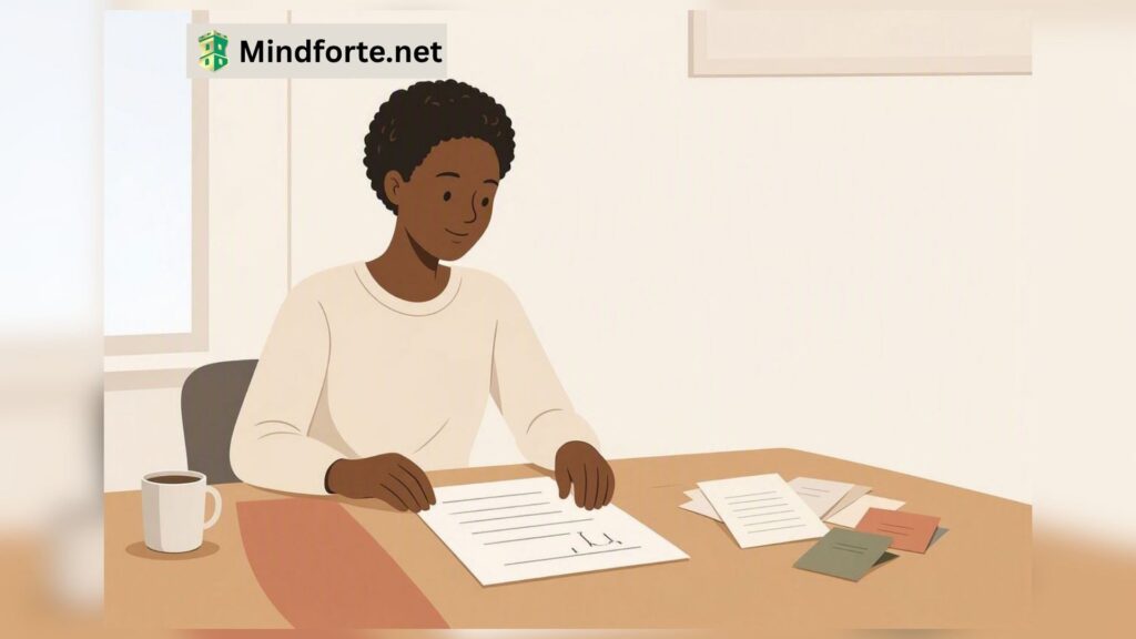 Minimalist illustration of an adult woman organising notes at a desk while learning to manage ADHD-related challenges.